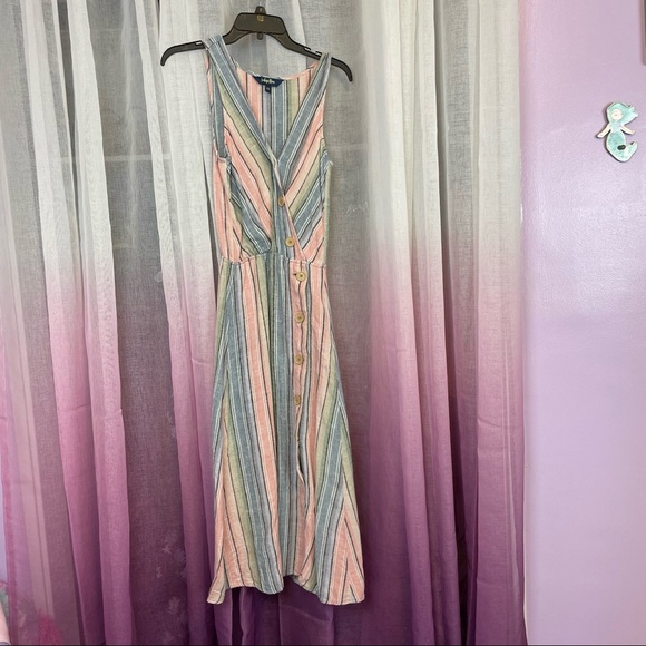 Indigo Rein Multicolor Linen Blend Striped Button V-Neck Midi Dress XS - Picture 2 of 10